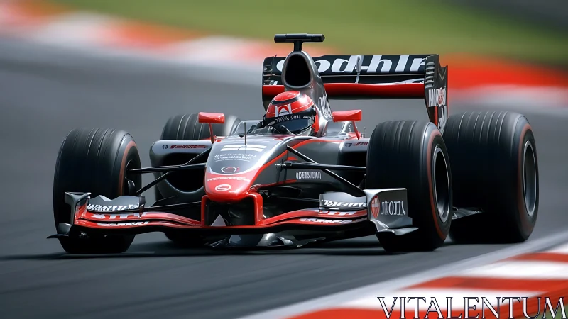 Formula racing car on asphalt circuit during track session.