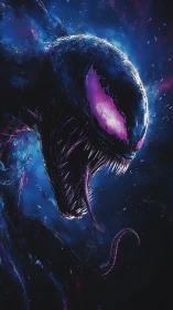 Alien-like creature profile in neon blue and purple space.