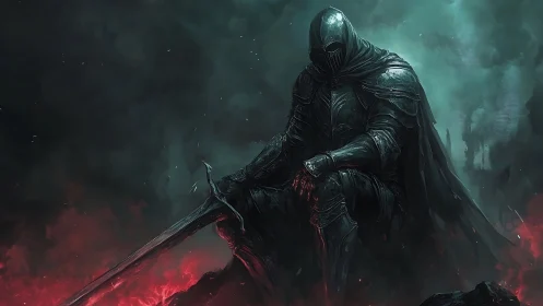 Armored cloaked figure seated with sword amid red haze.