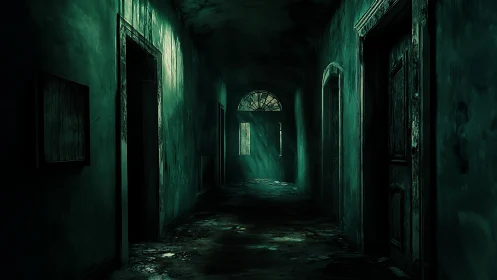 Volumetric light dissecting a decayed monochrome corridor.