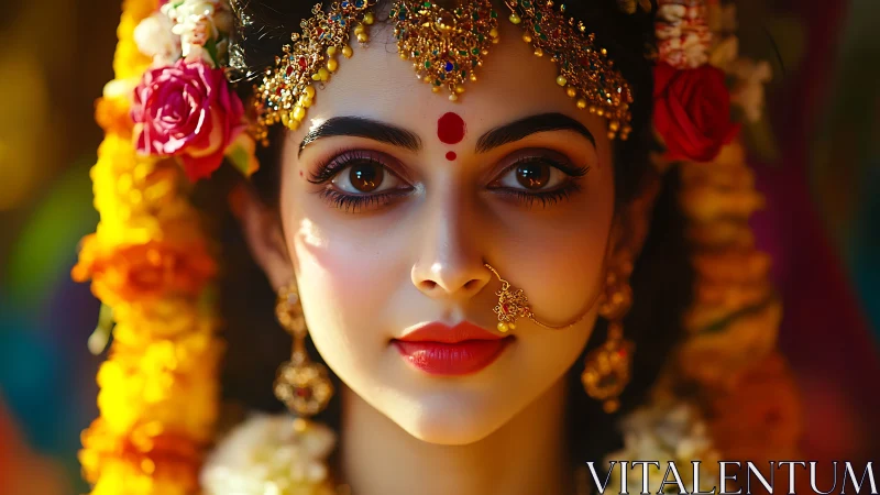 Radiant woman in floral garlands and golden festival jewelry.