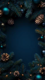 Fir branches and ornaments form a centered vertical frame