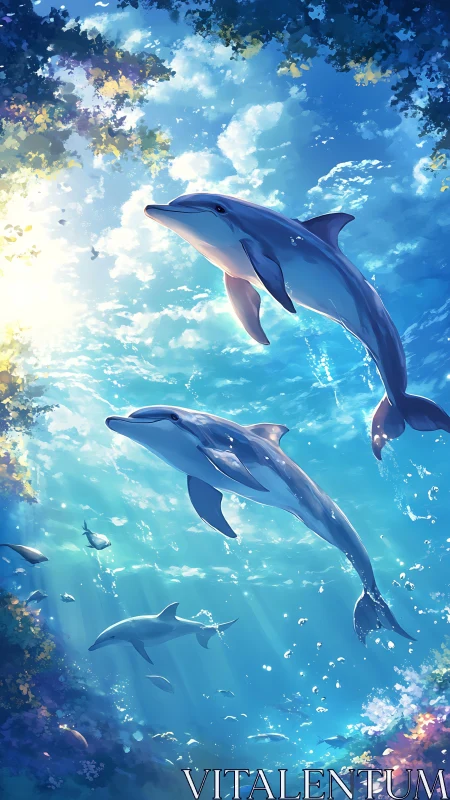 Dolphins swimming through sunlit tropical underwater seascape.