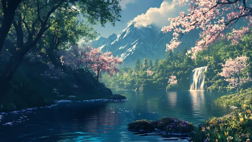 Springlit mountains whisper over a mirror-bright forest lake