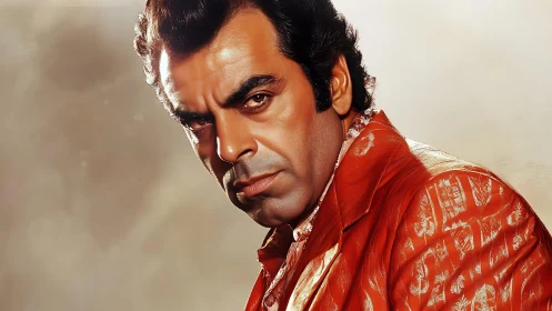 Confident man in bold red jacket with classic movie flair.