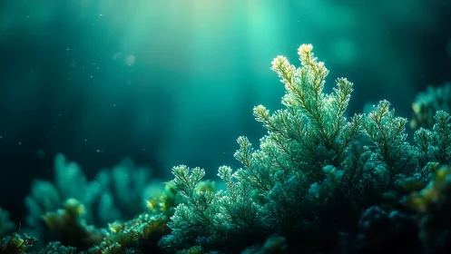 Macro study of luminous aquatic foliage with volumetric teal backlight