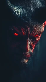 Brooding horned demon bathed in ember-red shadows.
