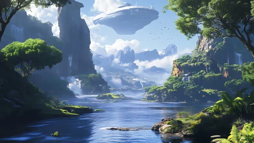 Aerial megastructure over bioluminescent riverine rainforest.