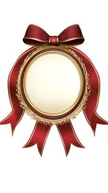 Circular gold frame with red ribbon bow is centrally aligned