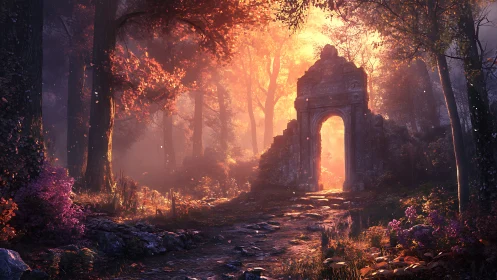 Luminous forest portal through weathered stone archway ruin.