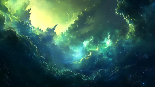 Digital nebula cloudscape shows luminous green stellar field