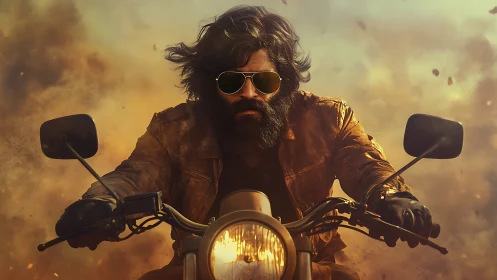 Bearded biker charging through cinematic explosion scene.