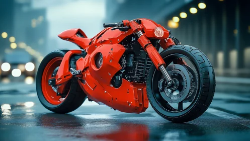 Crimson street racer resting in a misty night cityscape.