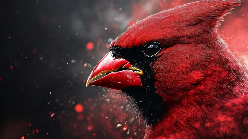 Vivid Digital Portrait of a Red Cardinal Bird in Dramatic Lighting.