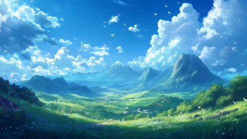 Sunlit valley stretches beneath towering blue mountains