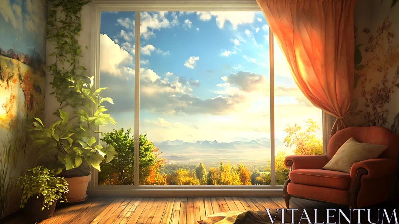 Interior lounge with window view of distant mountain range.