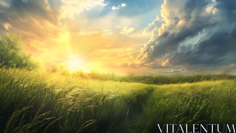 Golden sunrise gently warms a peaceful country meadow