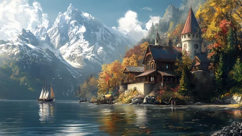 Lakefront spires whisper beneath roaring autumn mountains