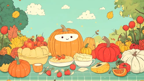 Smiling pumpkin amid autumn harvest desserts and fruit.