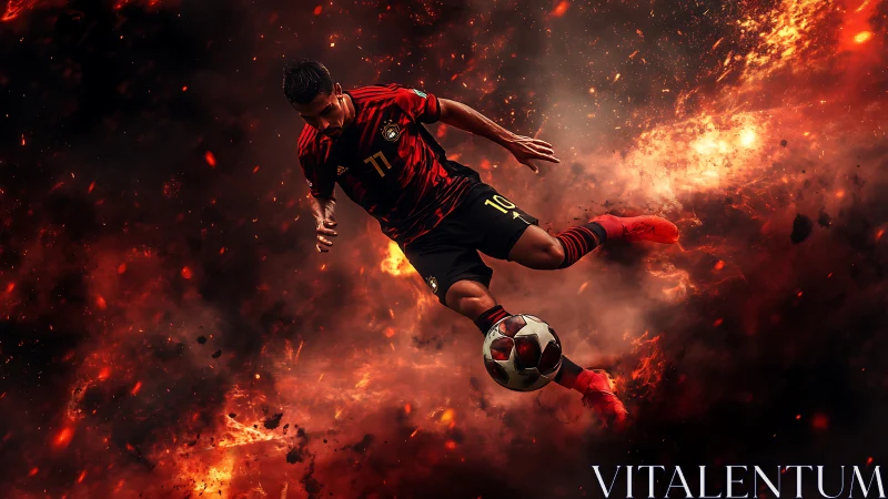 Soccer player in midair kick within fiery digital field.