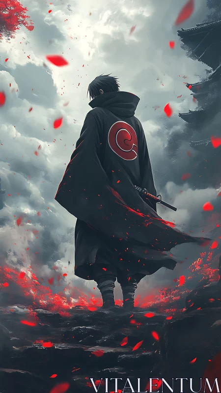 Cloaked swordsman walks stormy path through red petals