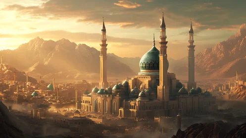 Sunlit domed mosque complex framed by arid mountain range