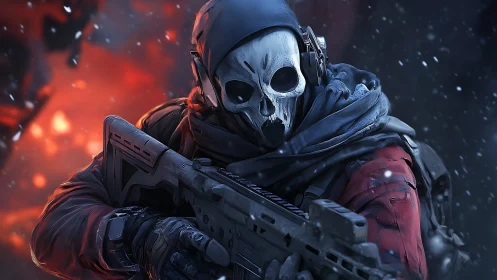 Skull masked soldier holding rifle in snowy combat zone.