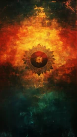 Radiant mandala sun glows warmly over deep teal shadows