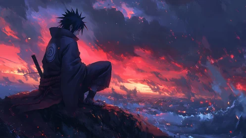 Solitary warrior overlooking stormlit crimson horizon.