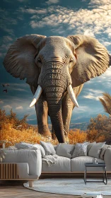 Living room safari: gigantic elephant strides through walls.