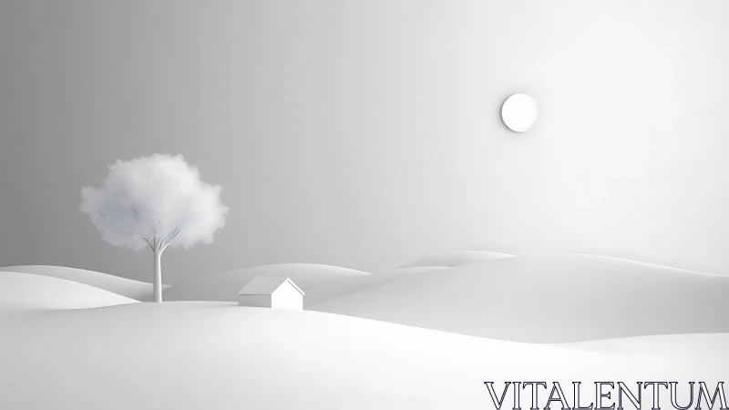 Minimal winter landscape with lone tree and house under sun.