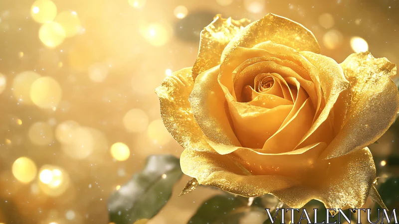 Golden rose blooms under radiant bokeh light field.