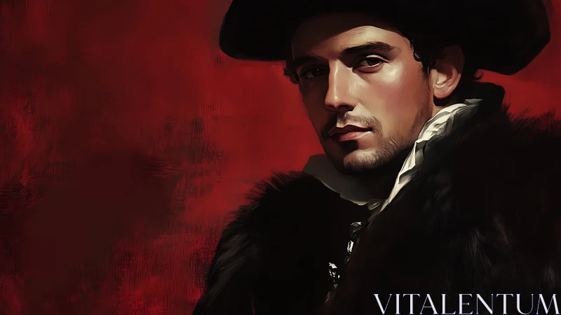 Mysterious gentleman in velvet shadows against crimson dusk.