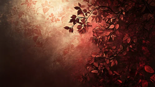 Radial backlit crimson foliage on textured grunge field.