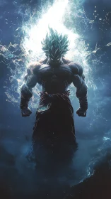 Energy-charged warrior rises through swirling blue vortex