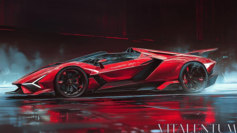 Futuristic red supercar slices through neon-lit urban haze