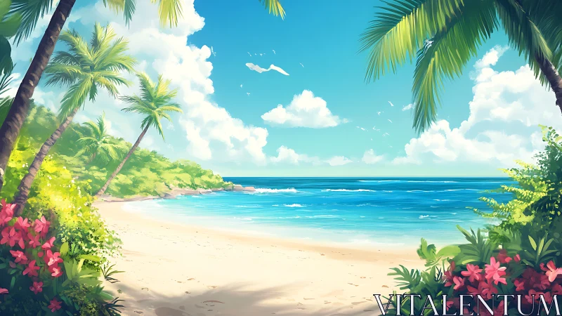 Tropical Paradise Beach Cove: Palm-Framed Coastal Digital Painting.