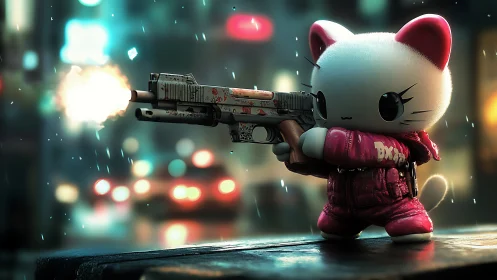 Cute cyber cat warrior aims pistol in neon city rain.