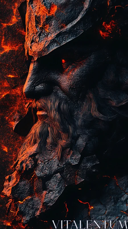 Volcanic stone warlord bust with molten cracks and ember gaze