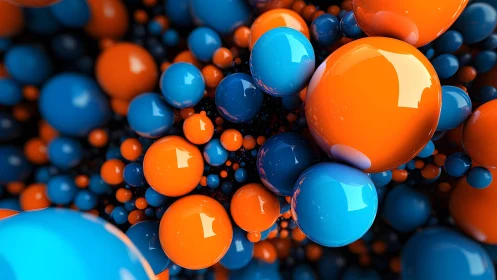 Glowing orange and blue orbs dive through a glossy 3D nebula
