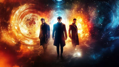 Triadic figures in cosmic vortex corridor, warm cool contrast