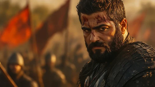 Cinematic warrior close-up in battle-worn armor lighting study.