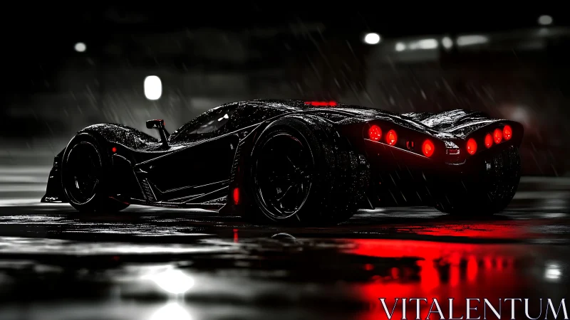 Sleek black supercar glowing with red lights in the rain.