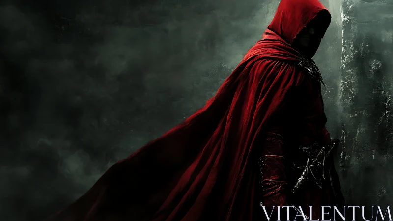 Hooded rogue in crimson cloak amid storm-darkened smoke.