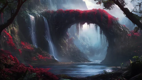 Arched stone bridge with crimson foliage spans misted falls
