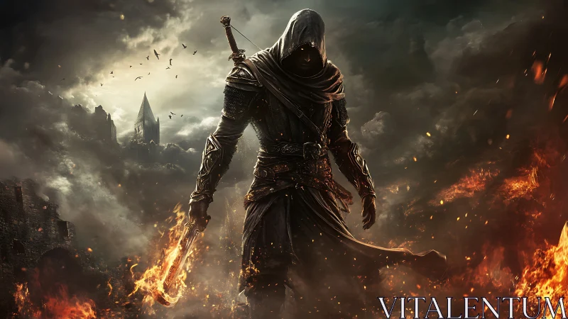 Hooded pyroblade warrior in burning gothic battlefield twilight.