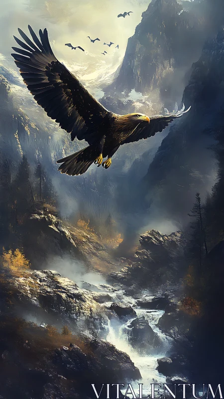 Mountain eagle gliding above misty cliffs and rushing river.