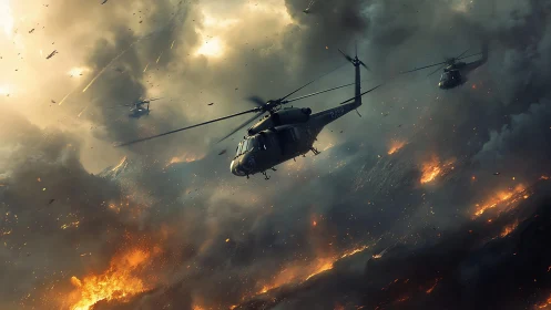 Combat helicopters pierce volcanic storm with cinematic lighting.