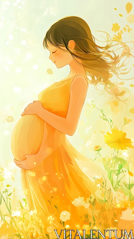 Backlit pregnant figure in yellow dress amid luminous flower field