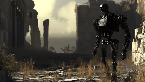 Solitary skeletal robot crossing desolate postwar ruins at dusk